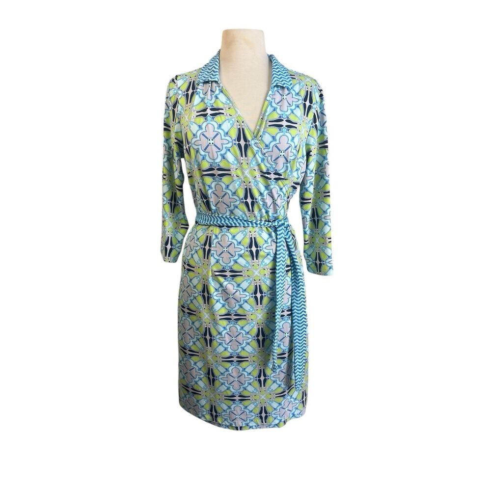 J. McLaughlin Green Blue Floral-Print Wrap Midi Dress